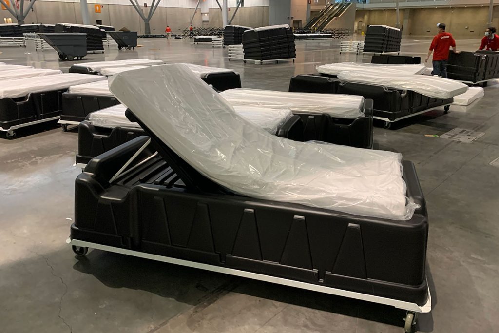 Trienda hospital beds wrapped in plastic